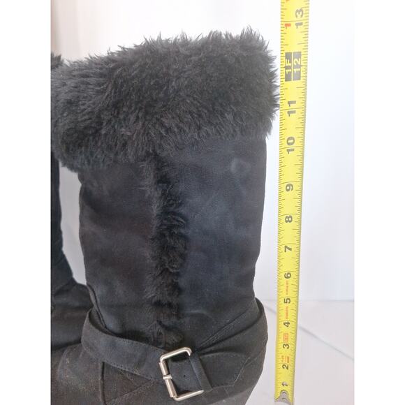 American Eagle Black Faux Suede Wedge Boots Women’s 9.5 Fur Trim Buckle - Picture 5 of 8